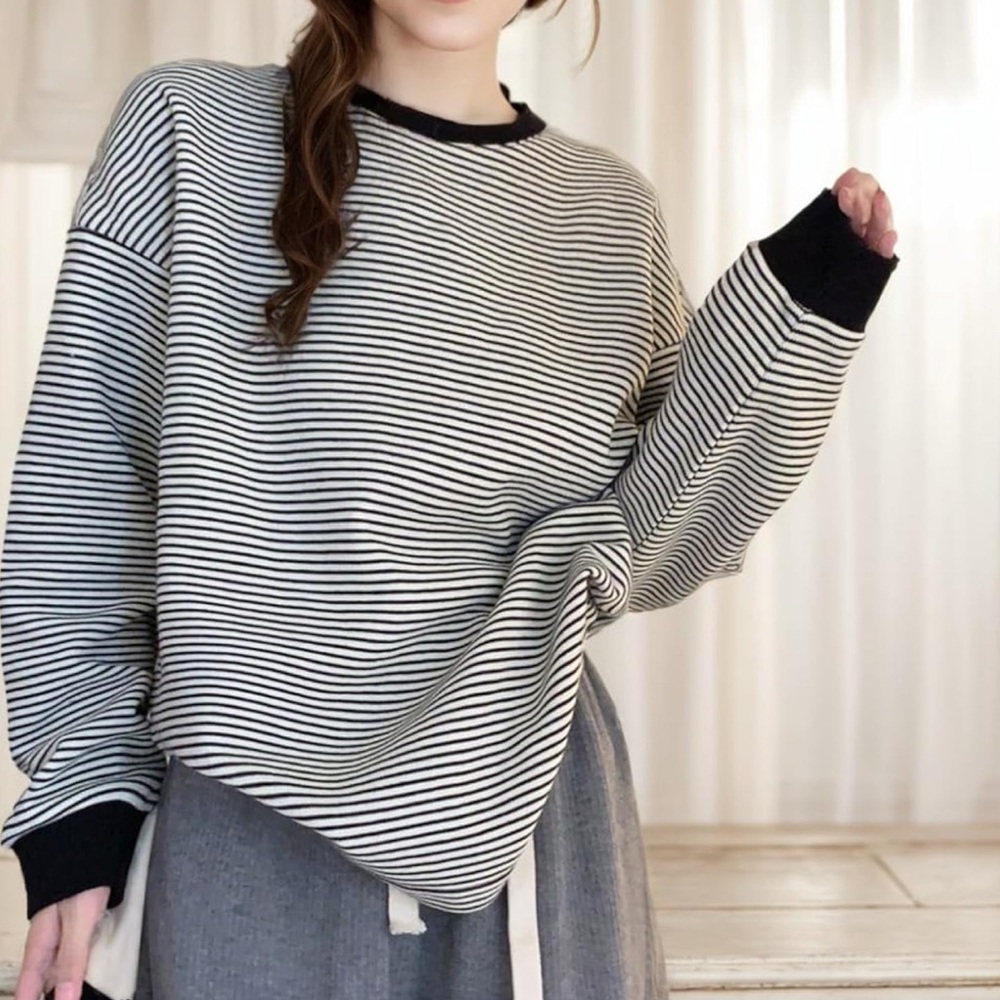 Striped Long Sleeve Tee with Contrast Trim - Black/White